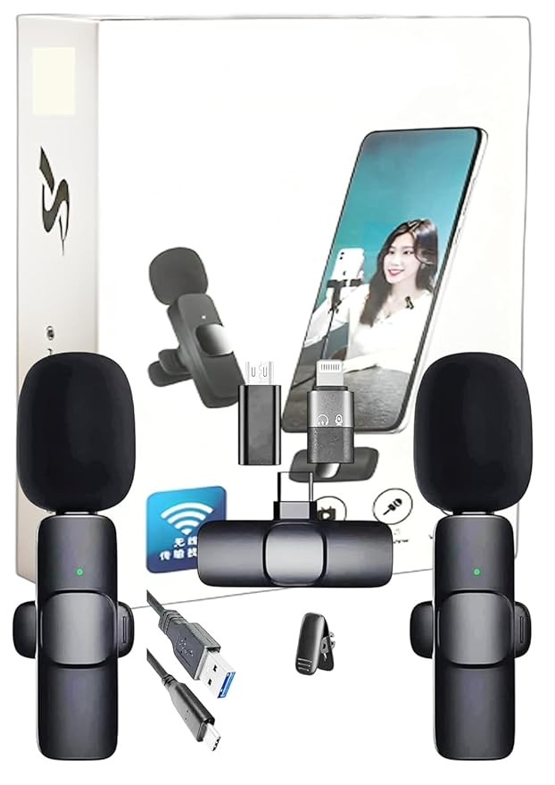Omnidirectional K9 Dual Wireless Lavalier Microphone for Android/iPhone 3 in 1 Collar Mic with USB-C & Lightning Plug | Furry Windscreens | Noise Cancellation | Vlogging, YouTube, Interviews, Reels