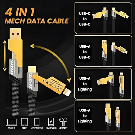 65W Fast Charging Mech Data Cable | 4-in-1 USB Type-C Cable with PD 27W Max Power for Android, iPhone & Laptop